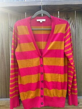 Ann Taylor LOFT Wool Blend Pink & Orange/Gold Striped Button Cardigan, Large